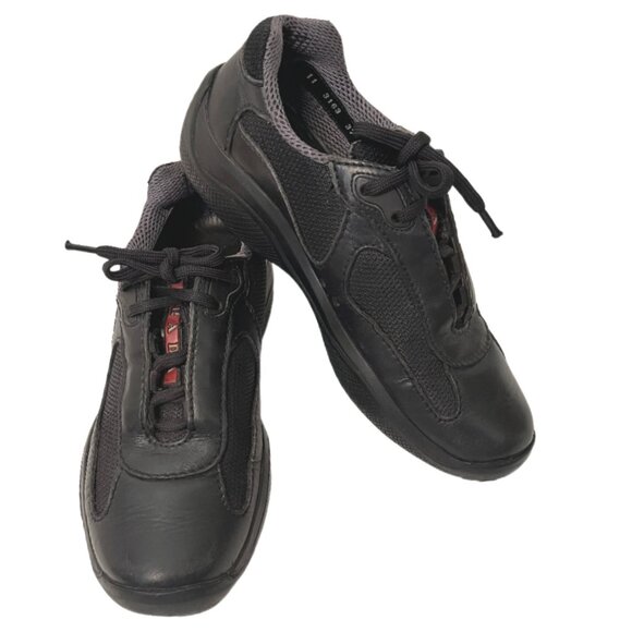 Prada America’s Cup Black Calfskin Leather & Mesh Low Top Sneaker Men's Size 7 - Picture 3 of 14